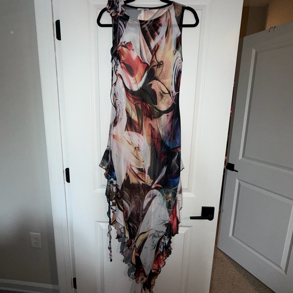 Fashion Nova Multicolor Abstract Asymmetrical Chiffon Dress